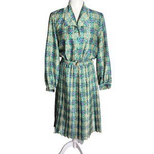 Vintage 80s Pleated Shirt Dress Petite 6 Gold Green Floral Belt Elastic Waist